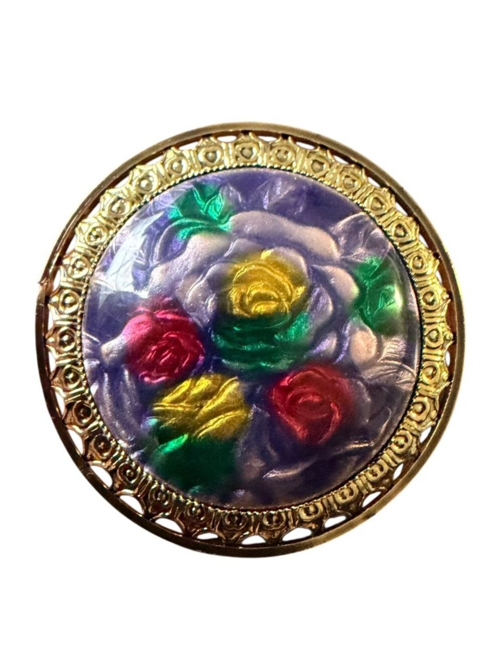 Vintage Reverse Carved Lucite Brooch Gold Tone Floral Pin 1950s New Old Stock